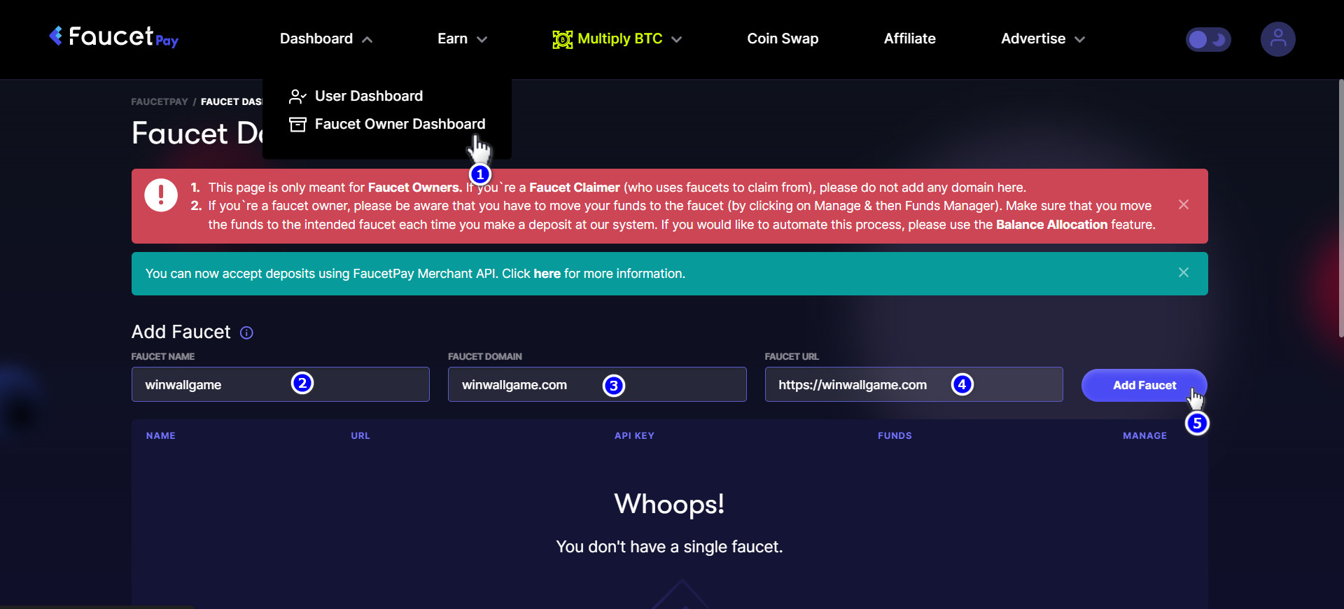 Create FaucetPay API Key