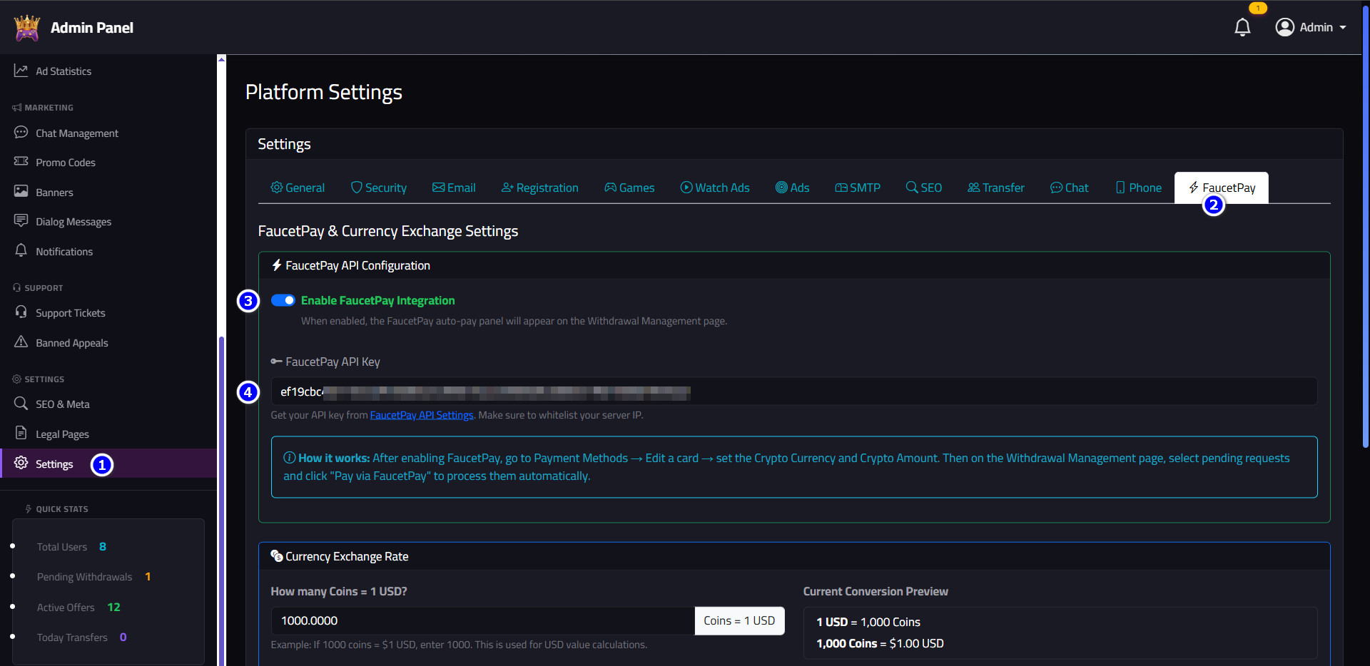 Paste FaucetPay API Key in Admin Dashboard