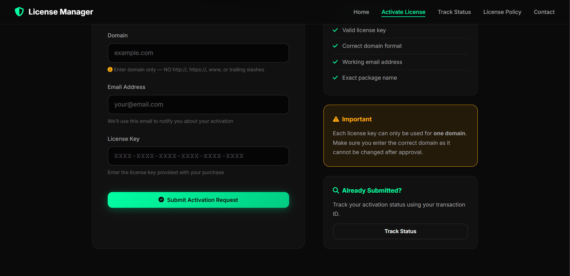 License Key field and Submit Activation Request button