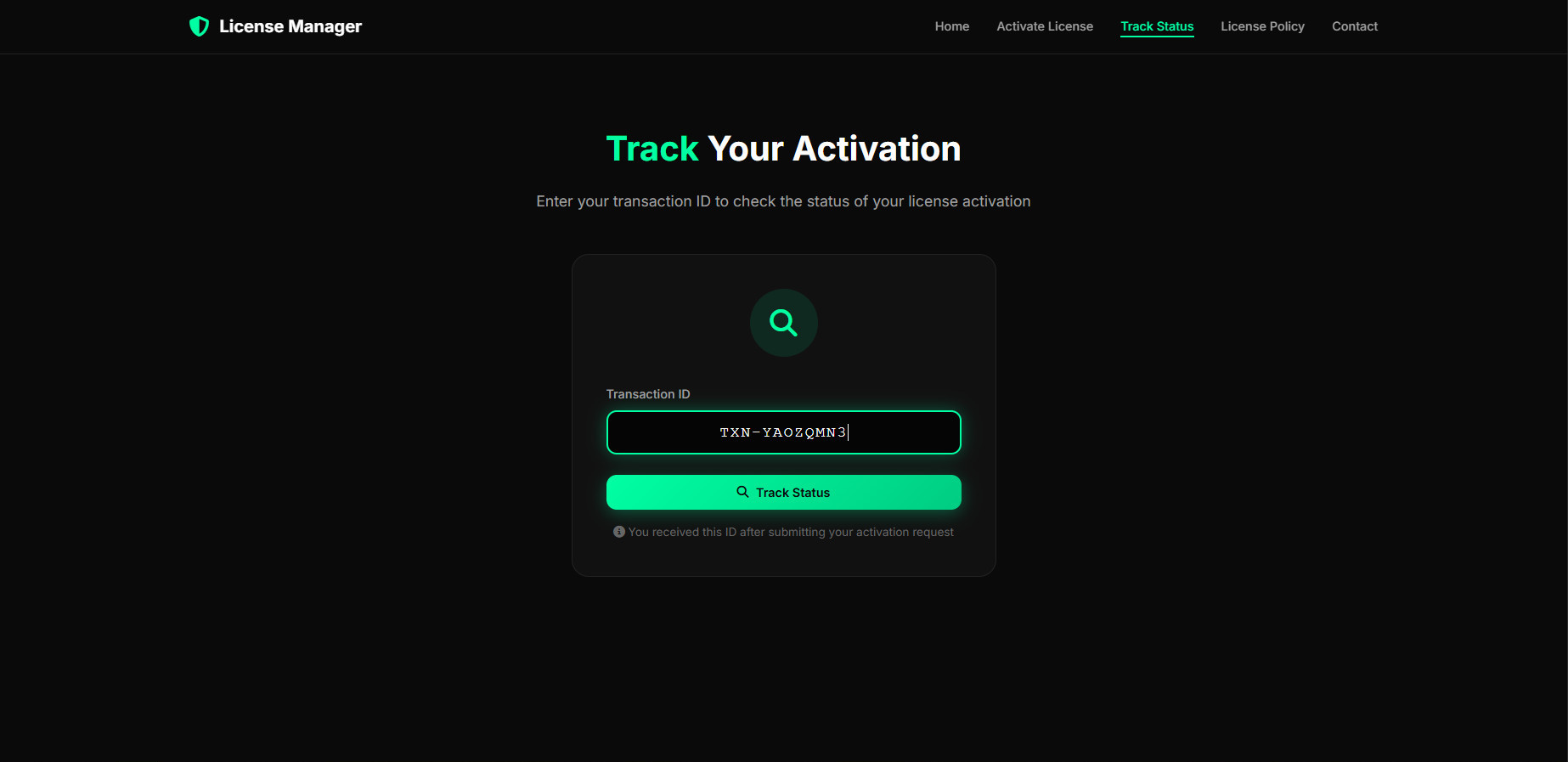 Track Your Activation page with Transaction ID input